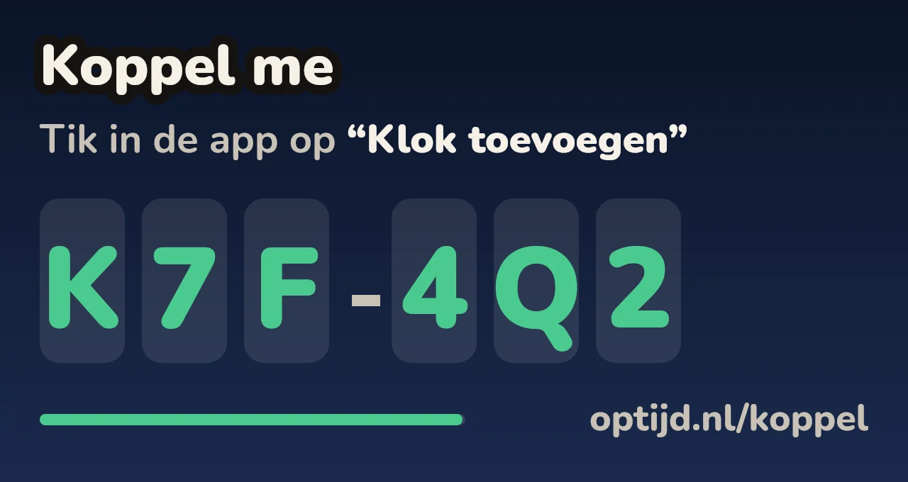 De klok toont koppelcode K7F-4Q2.